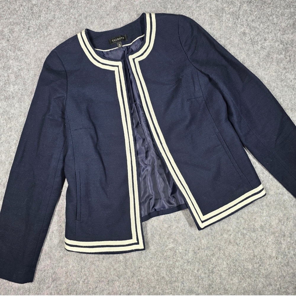 Talbots Jacket Blazer Navy Blue White Textured Cotton 10 Nautical Preppy Classic